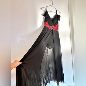Short Black Dress w/ Long Flowy Bottom Half and Rose Lace Print